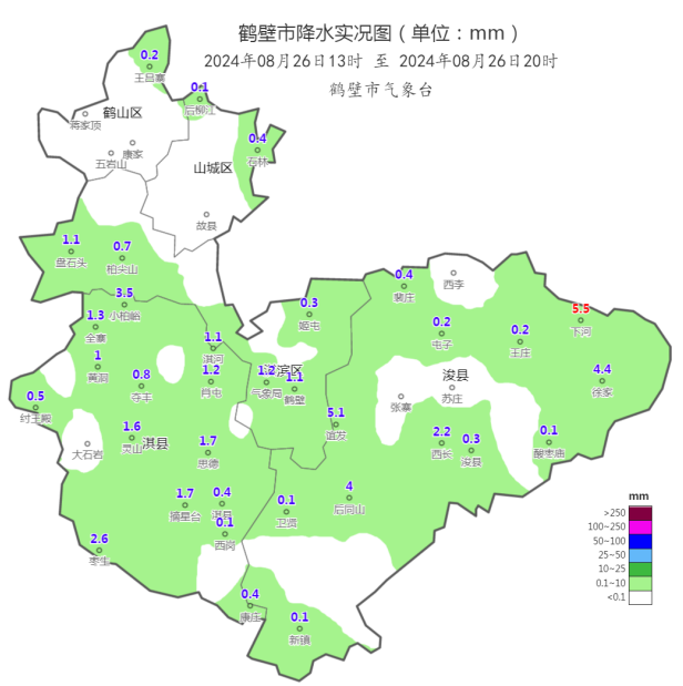 8月26日13时至20时,鹤壁最大降水量为浚县下河站的5.5毫米